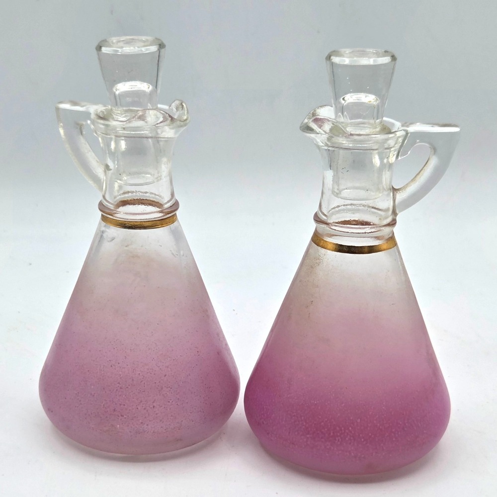 VINTAGE Pair of Blendo Pink Ombre Glass Oil & Vinegar Cruets with Gold Band MCM